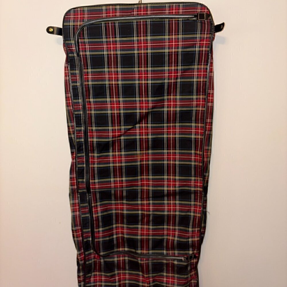 Vintage Tartan Plaid Hanging Suit Garment Bag - Leather Handle Original Hardware - Picture 2 of 12